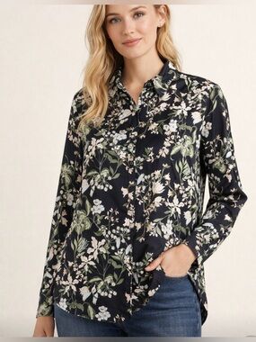 Rachel Zoe Black Floral Button-Down Shirt with Green and Cream Accents size 2X